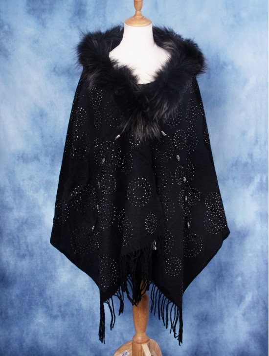 Wool Cape W/ Faux Fur and Rhinestones